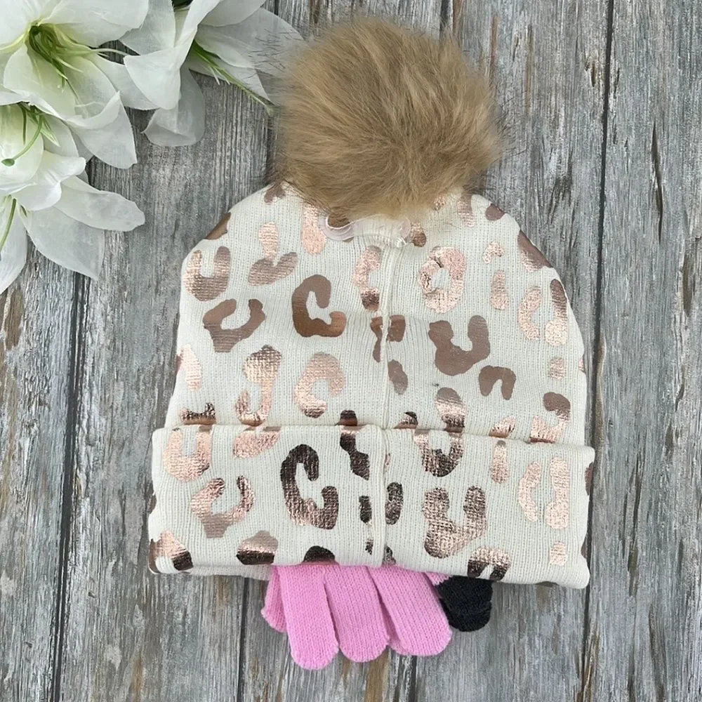 Girls Justice Ribbed & Full Print Winter Cozy Beanie and Gloves 2, 2-Piece Set